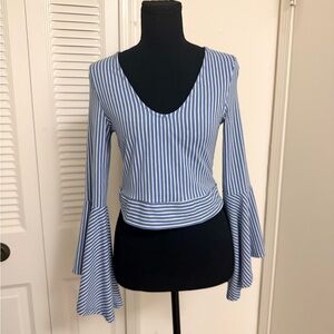 Elegant Blue Striped Blouse with Flared Sleeves